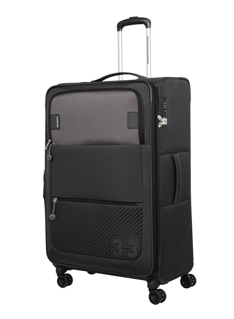 AMERICAN TOURISTER  Majoris + Suitcase, Check-In Size 83 cm, 4 Spinner Wheels, Soft Top, 100% Polyester, Black|Corner Guards|Multi Front Pocket|TSA Combination Lock|Expandable|Retractable Aluminum Handle - 3 Years International Warranty  | Best Price UAE